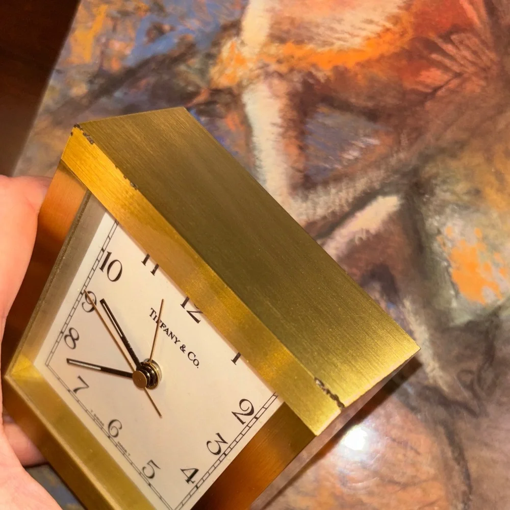 Tiffany & Co. Vintage Gold Square Brass Desk Clock with White Dial